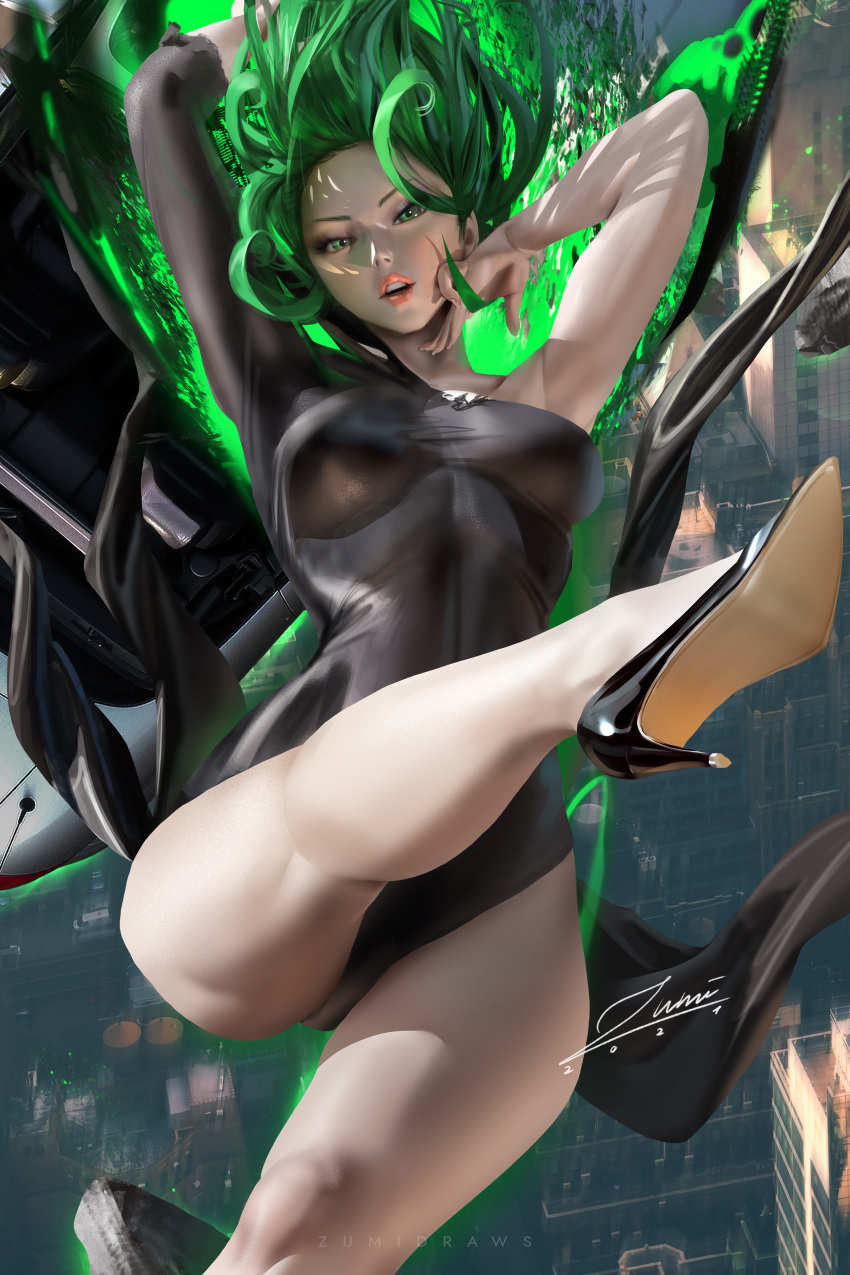 dress heels one_punch_man skirt_lift tatsumaki_(one_punch_man) zumi_(zumidraws)