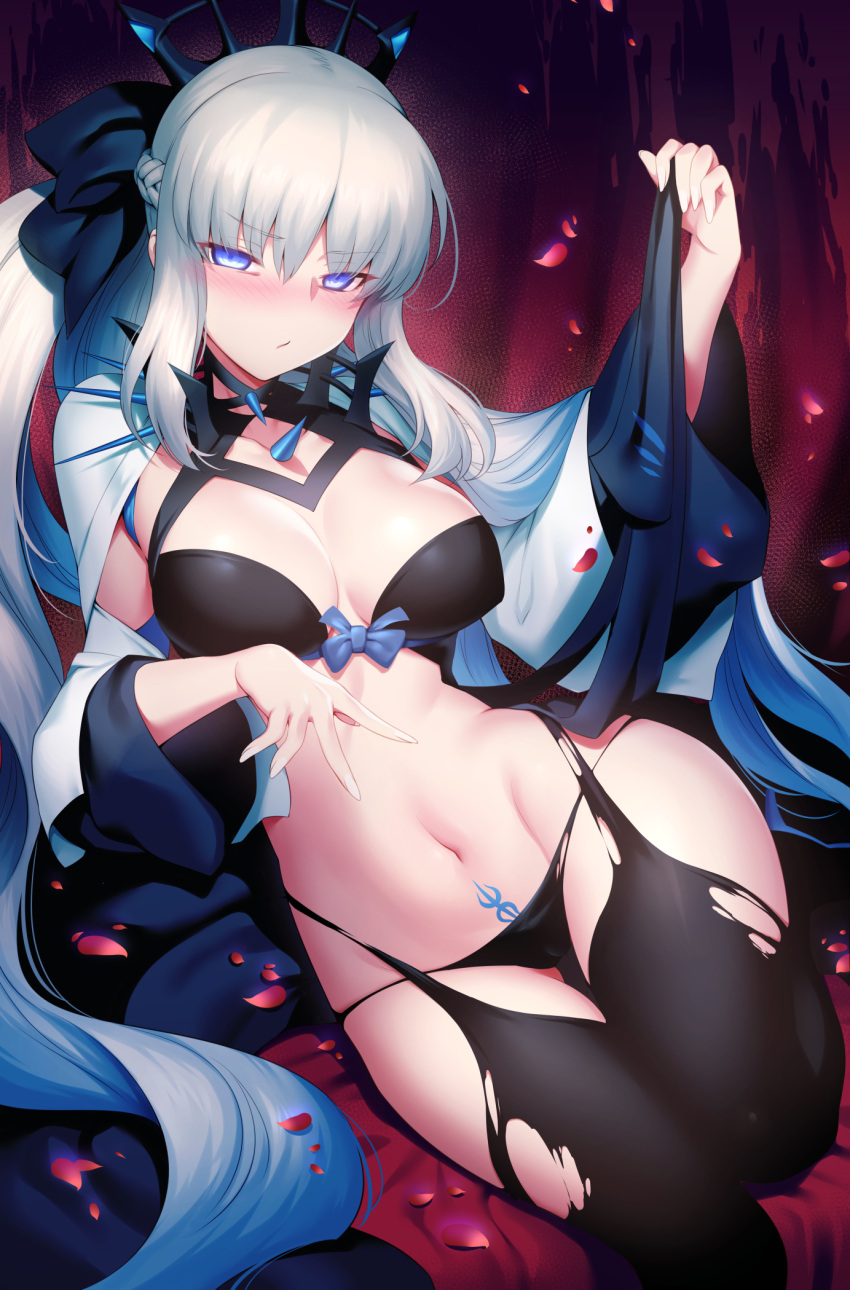 bra cameltoe erect_nipples fate/grand_order morgan_le_fay_(fate) pantsu rogia stockings tattoo thighhighs torn_clothes