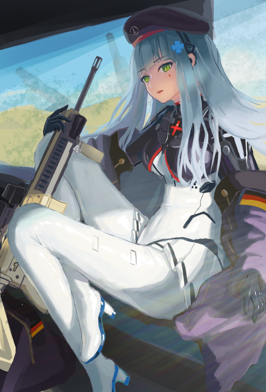 1girl absurdres assault_rifle bangs beret black_gloves blue_hair bodysuit breasts eyebrows_visible_through_hair german_flag girls'_frontline gloves green_eyes gun h&amp;k_hk416 hair_ornament hairclip hat headset highres hk416_(girls'_frontline) hk416_(midnight_evangelion)_(girls'_frontline) holding holding_gun holding_weapon jacket jacket_pull lips long_hair looking_at_viewer mithiril multicolored_bodysuit multicolored_clothes open_mouth purple_jacket rifle simple_background sitting skirt solo teardrop_facial_mark teardrop_tattoo weapon white_skirt
