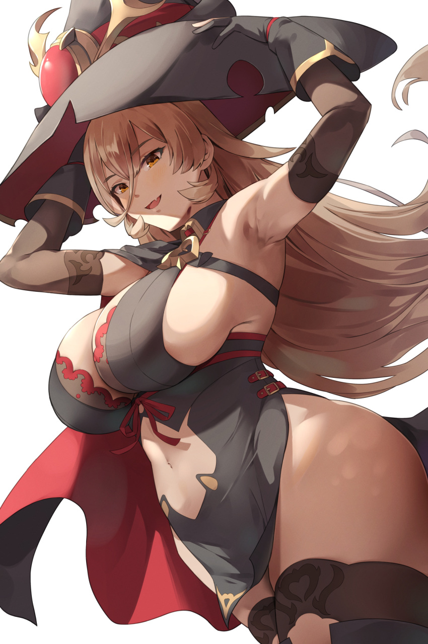 1girl agu_(agrias777) armpits bangs bare_hips black_gloves blonde_hair breasts cape cleavage clothing_cutout elbow_gloves eyebrows_visible_through_hair fang gloves hair_between_eyes hand_on_headwear hat highres huge_breasts long_hair looking_at_viewer navel navel_cutout nijisanji nui_sociere revealing_clothes simple_background skin_fang smile solo thighhighs very_long_hair virtual_youtuber white_background witch_hat yellow_eyes