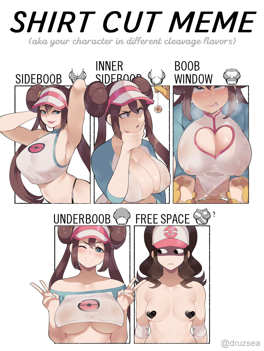 1boy 2girls absurdres adapted_costume alternate_breast_size breast_envy breasts brown_hair chart chin_stroking cleavage_cutout clothing_cutout colored_skin covered_nipples cowgirl_position english_text furry furry_male furry_with_non-furry gen_1_pokemon hat heart heart_cutout heart_pasties hetero highres hilda_(pokemon) hypno hypnosis interspecies meme mind_control multiple_girls multiple_views nyantcha pasties pendulum penis pokemon pokemon_(game) pokemon_bw pokemon_bw2 pussy rosa_(pokemon) sex shirt_cut_meme sideboob small_breasts straddling underboob visor_cap yellow_skin