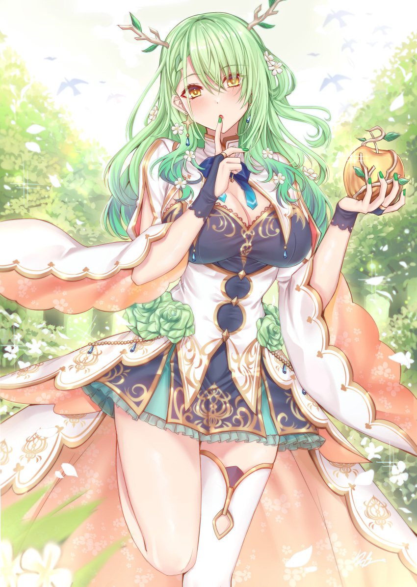 1girl absurdres bangs blush breasts ceres_fauna dress earrings eyebrows_visible_through_hair flower food fruit gloves green_eyes green_nails gu_li hair_flower hair_ornament highres holding holding_food holding_fruit hololive hololive_english horns jewelry large_breasts long_hair looking_at_viewer nail_polish outdoors parted_lips single_thighhigh solo thighhighs thighs virtual_youtuber white_legwear yellow_eyes