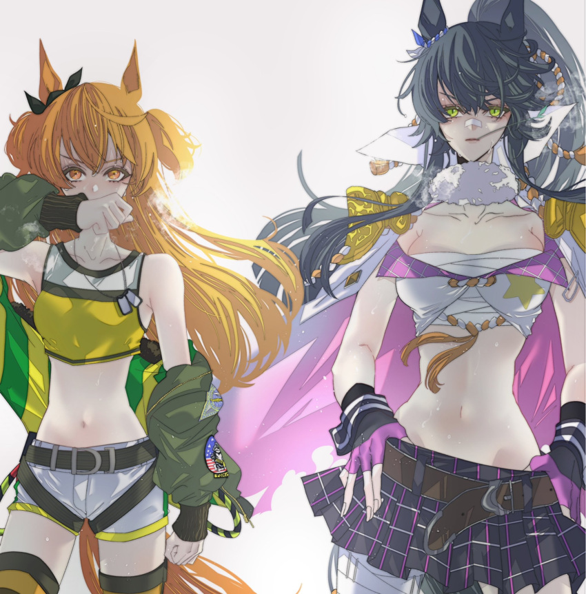 2girls animal_ears anno88888 bandaged_leg bandages bandaid bandaid_on_nose bangs belt breasts breath dog_tags ear_ornament ear_ribbon fingerless_gloves gloves green_eyes green_jacket grey_background hair_between_eyes hands_on_hips high_collar highres horse_ears horse_girl horse_tail jacket jacket_on_shoulders long_hair mayano_top_gun_(umamusume) mouth_hold multiple_girls narita_brian_(umamusume) navel off_shoulder orange_eyes orange_hair plaid plaid_skirt ribbon sarashi shorts simple_background skirt stalk_in_mouth star_(symbol) tail tassel two_side_up umamusume