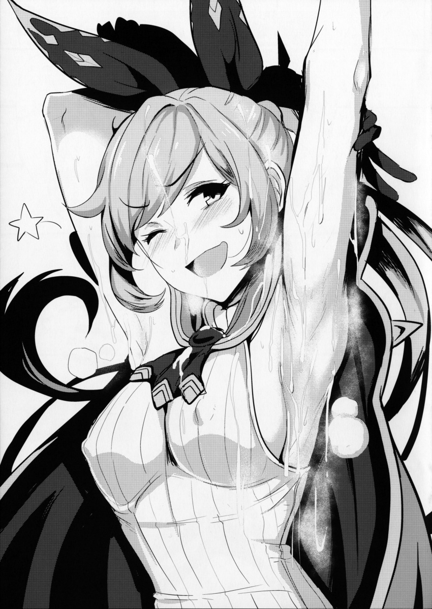 1girl :d absurdres armpits blush bow breasts cape clarisse_(granblue_fantasy) covered_nipples cum cum_on_armpits cum_on_hair facial gloves granblue_fantasy greyscale hair_bow hands_up highres large_breasts looking_at_viewer monochrome one_eye_closed open_mouth ponytail simple_background smile solo ulrich_(tagaragakuin) upper_body white_background