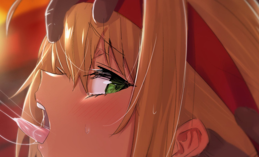 1girl ahoge blonde_hair blush close-up cum cum_in_mouth cum_string dark-skinned_male dark_skin fate/grand_order fate_(series) green_eyes headband nero_claudius_(fate) nero_claudius_(fate/extra) olympian_bloomers open_mouth sideways_glance solo_focus tongue tongue_out ulrich_(tagaragakuin)