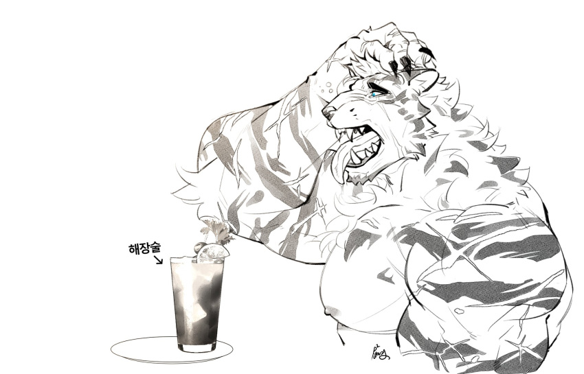 1boy animal_ears arknights bara blue_eyes cocktail_glass completely_nude cropped_torso cup drinking_glass from_side furry furry_male greyscale highres korean_text large_pectorals male_focus monochrome mountain_(arknights) muscular muscular_male nipples nude p2yong pectorals scar scar_across_eye short_hair solo spot_color tiger_boy tiger_ears tongue tongue_out translation_request white_fur