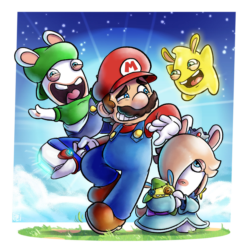 1boy :d aqua_dress backwards_hat blonde_hair blue_eyes blue_overalls brown_footwear brown_hair buck_teeth commentary crossover crown dress eggmanfan91 english_commentary facial_hair gloves grass green_headwear hair_over_one_eye hat highres holding long_sleeves looking_at_another mario mario_(series) mario_+_rabbids_sparks_of_hope mustache nervous_smile open_mouth overalls rabbid rabbid_luigi rabbid_luma rabbid_rosalina raving_rabbids red_headwear red_shirt shirt shoes short_hair smile tongue white_gloves