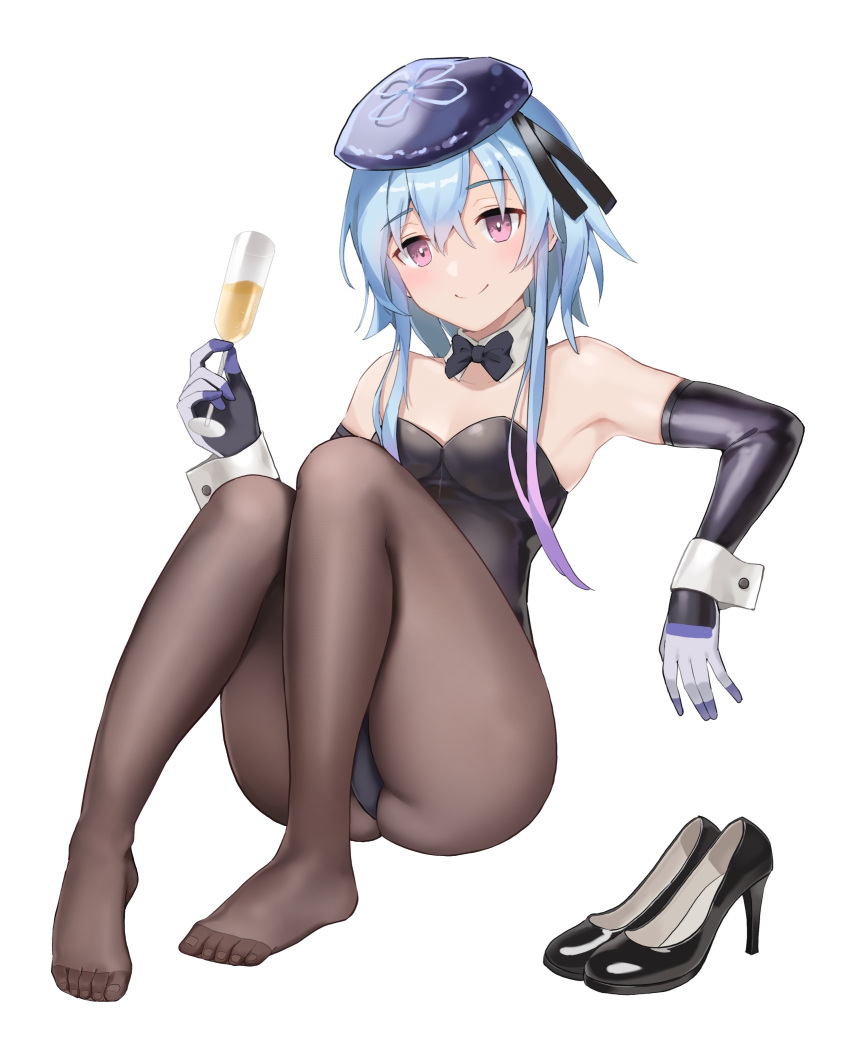1boy absurdres arknights armpits ass bare_shoulders black_legwear black_leotard blue_hair blue_headwear bow bowtie collar cup detached_collar elbow_gloves feet footwear_removed gloves gradient_hair high_heels highres holding holding_cup legs leotard long_hair looking_at_viewer mizuki_(arknights) multicolored_hair otoko_no_ko pantyhose pink_eyes pink_hair playboy_bunny short_hair_with_long_locks sidelocks simple_background smile strapless strapless_leotard thighs toes white_background white_collar yasaidaikon