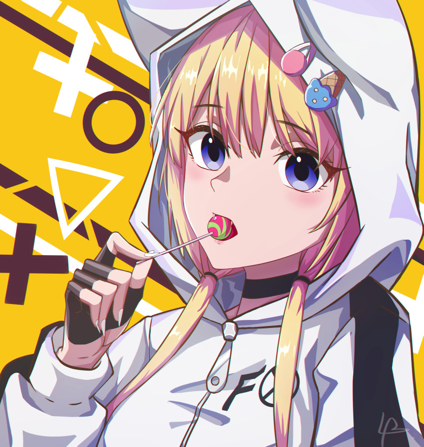 1girl absurdres artist_request black_choker blonde_hair candy choker circle eating eyebrows_visible_through_hair fang fingerless_gloves fingernails food fox_tail gloves grand_(pixiv) hair_between_eyes hair_ornament hairclip hands_in_pockets highres hood hoodie ice_cream_cone ice_cream_cone_on_head jacket kemono_jihen kon_(kemono_jihen) lollipop long_fingernails long_hair long_sleeves looking_at_viewer low_twintails signature solo tail triangle twintails x yellow_background