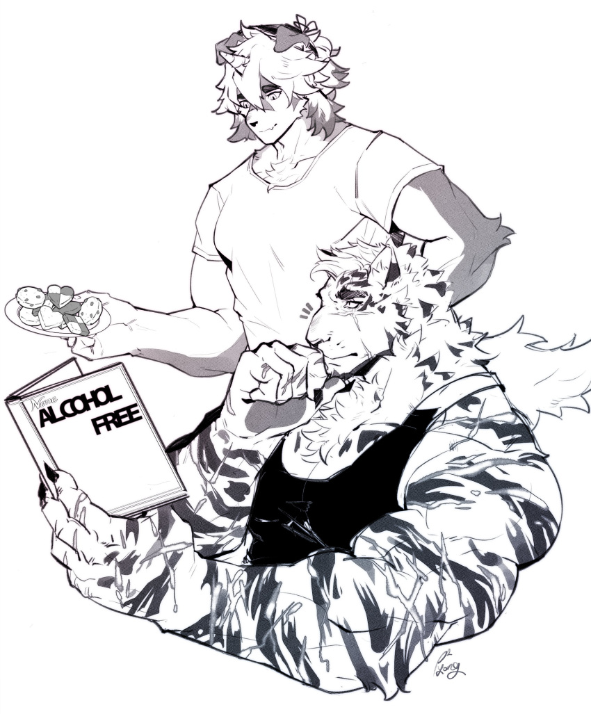 2boys absurdres animal_ears arknights bara black_tank_top book casual chain_necklace contemporary cookie couple dog_boy dog_ears finger_to_own_chin food furry furry_male furry_with_furry greyscale highres holding holding_book horns hung_(arknights) male_cleavage male_focus monochrome mountain_(arknights) multiple_boys muscular muscular_male open_book p2yong pants pectorals reading scar scar_across_eye shirt short_hair sidepec single_horn smile tank_top tiger_boy tiger_ears white_fur white_hair white_pants white_shirt yaoi