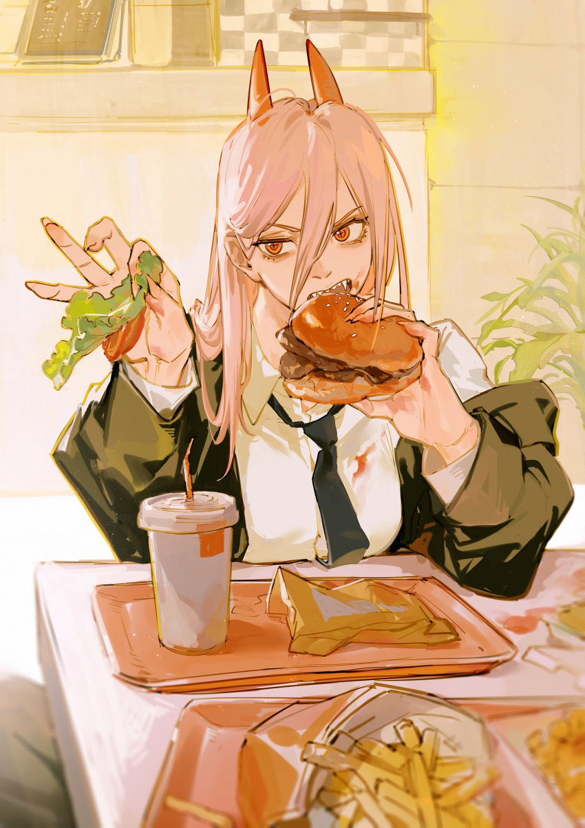 +_+ 1girl absurdres argentum_1121 bangs black_jacket black_neckwear black_pants breasts burger business_suit chainsaw_man collared_shirt crosshair_pupils cup demon_horns disposable_cup drinking_straw eating elbows_on_table facing_viewer fast_food fingernails food formal french_fries hair_behind_ear hair_between_eyes highres holding holding_food horns jacket ketchup lettuce long_hair long_sleeves necktie off_shoulder pants plate pov pov_across_table power_(chainsaw_man) red_eyes red_horns restaurant sharp_fingernails sharp_teeth shirt sitting solo stained_clothes suit table teeth tomato white_shirt