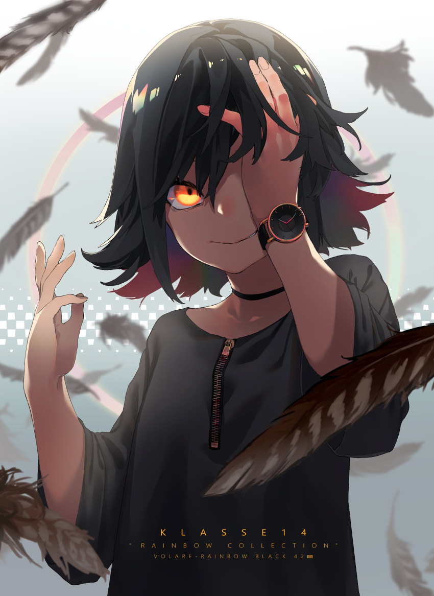 1girl absurdres black_choker black_hair black_shirt blurry blurry_background choker closed_mouth colored_inner_hair depth_of_field feathers hand_over_eye hand_up highres klasse14 looking_at_viewer medium_hair multicolored_hair one_eye_covered orange_eyes reiga_(act000) shirt smile solo upper_body watch wristwatch