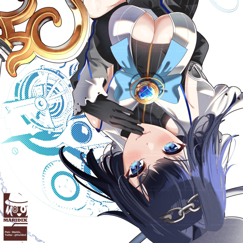1girl analog_clock artist_logo artist_name black_dress black_gloves blue_bow blue_eyes blue_hair blue_neckwear blush bow bowtie breasts brooch center_opening chain cleavage clock closed_mouth commentary detached_sleeves dress english_commentary eyebrows_visible_through_hair gears gloves hair_ornament hand_to_own_mouth highres holding holding_weapon hololive hololive_english jewelry lips looking_at_viewer maridix medium_breasts ouro_kronii short_hair simple_background smile solo striped upper_body upside-down vertical-striped_dress vertical_stripes virtual_youtuber weapon white_background zipper