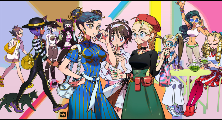 6+girls :d ahoge animal arm_up bad_link bag bangs baseball_cap bespectacled black_cat black_hair black_headwear blue_eyes blue_nails bracelet braid breasts brown_eyes brown_hair bubble_tea cammy_white casual cat cellphone chair chun-li closed_eyes cup disposable_cup domino_mask double_bun drinking drinking_straw drinking_straw_in_mouth earrings glasses green_nails hair_between_eyes han_juri hand_on_hip hat highres holding holding_bag holding_cup holding_phone ibuki_(street_fighter) jewelry kanzuki_karin kasugano_sakura laura_matsuda long_hair looking_at_another makoto_(street_fighter) mask menat midriff multiple_girls nail_polish navel on_chair open_mouth pantyhose phone purple_hair rainbow_mika red_headwear red_legwear short_hair short_sleeves shoulder_bag sitting smartphone smile spiked_bracelet spikes standing street_fighter street_fighter_v table take_(illustrator) twin_braids twintails walking wrestling_mask