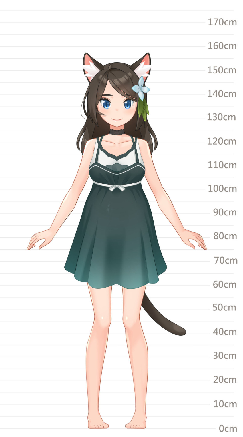 1girl aina_(mao_lian) animal_ear_fluff animal_ears arms_at_sides bare_shoulders barefoot black_choker blue_eyes breasts brown_hair cat_ears cat_tail choker closed_mouth dress full_body green_dress height_chart highres long_hair looking_at_viewer mao_lian_(nekokao) medium_breasts original pigeon-toed pregnant smile solo standing tail