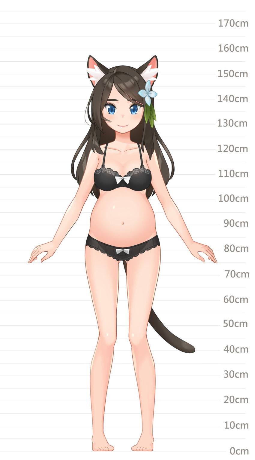 1girl aina_(mao_lian) animal_ear_fluff animal_ears arms_at_sides bare_arms bare_legs bare_shoulders barefoot blue_eyes bow bow_bra bow_panties bra breasts brown_bra brown_hair brown_panties cat_ears cat_tail closed_mouth full_body height_chart highres long_hair looking_at_viewer mao_lian_(nekokao) medium_breasts navel original panties pigeon-toed pregnant smile solo standing tail underwear underwear_only white_bow