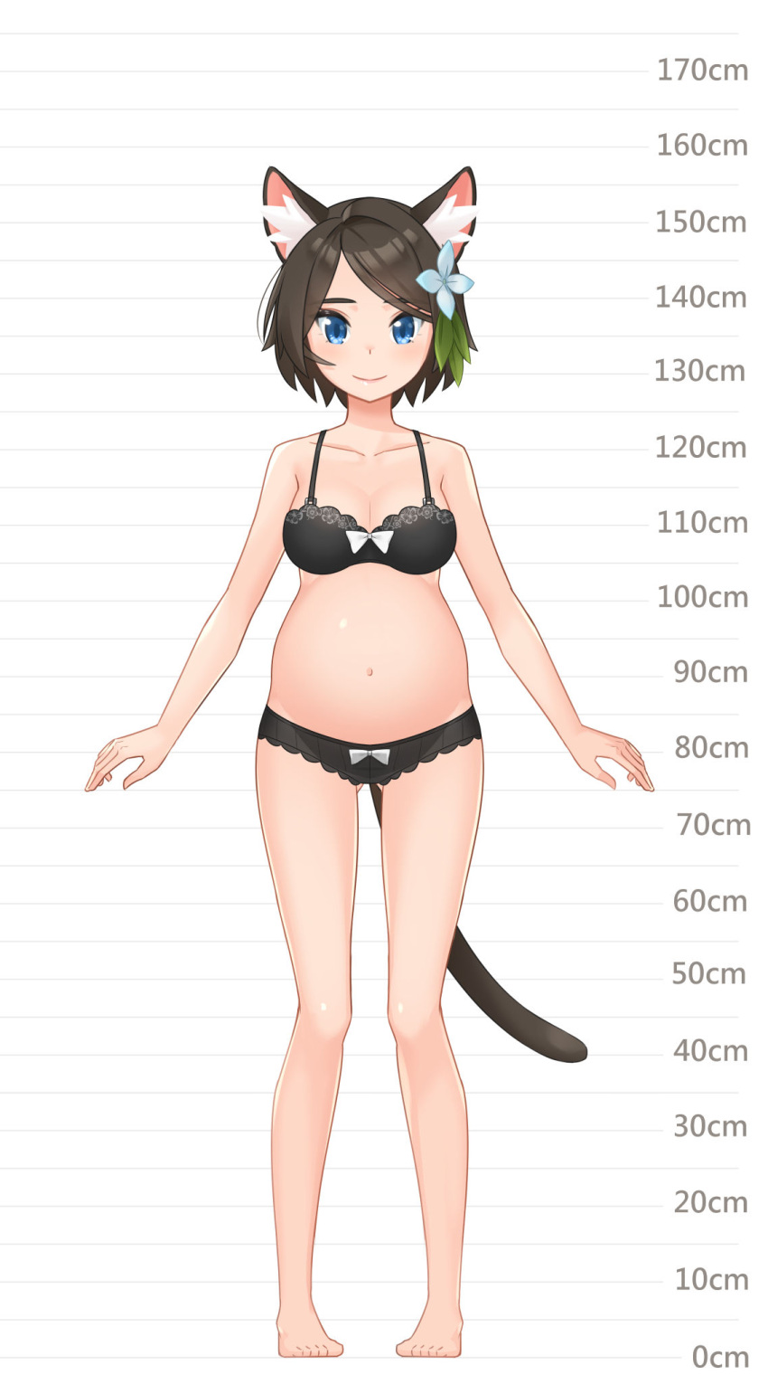 1girl aina_(mao_lian) animal_ear_fluff animal_ears arms_at_sides bare_arms bare_legs bare_shoulders barefoot blue_eyes bow bow_bra bow_panties bra breasts brown_bra brown_hair brown_panties cat_ears cat_tail closed_mouth full_body height_chart highres looking_at_viewer mao_lian_(nekokao) medium_breasts navel original panties pigeon-toed pregnant short_hair smile solo standing tail underwear underwear_only white_bow