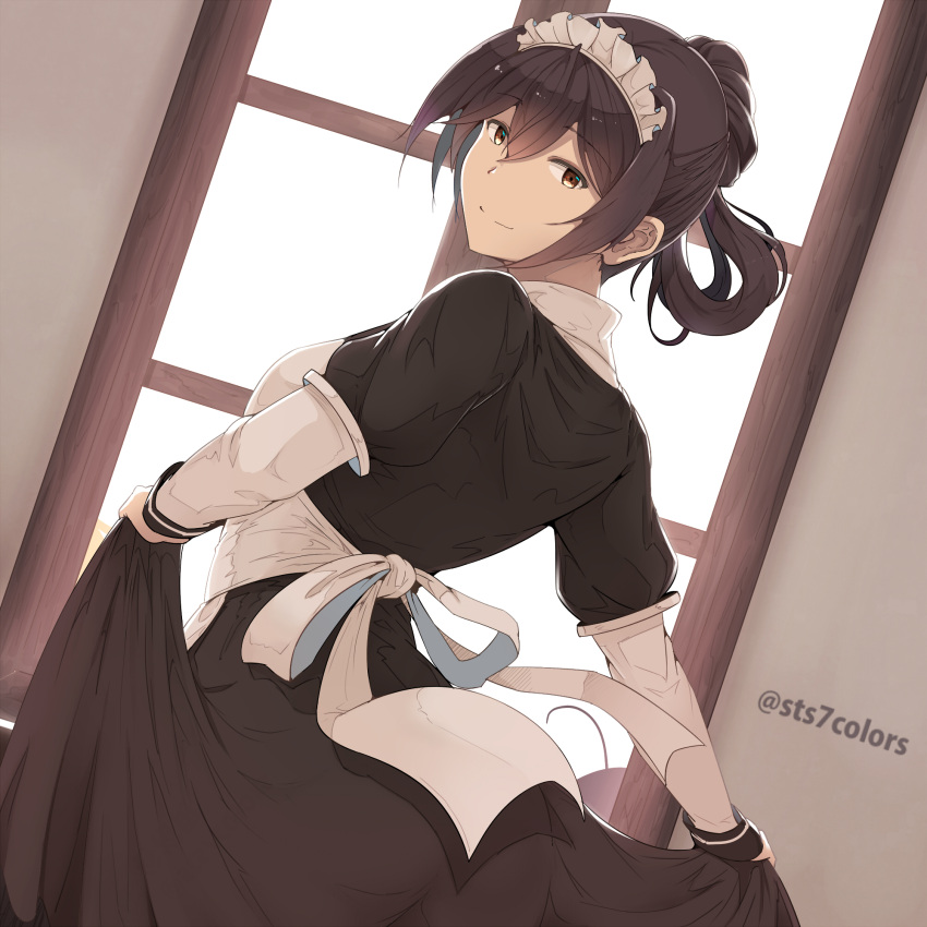 1girl apron black_dress brown_hair clothes_lift dress dress_lift from_behind hair_behind_ear hair_rings highres looking_back maid maid_apron maid_headdress original smile solo sts twitter_username window yellow_eyes