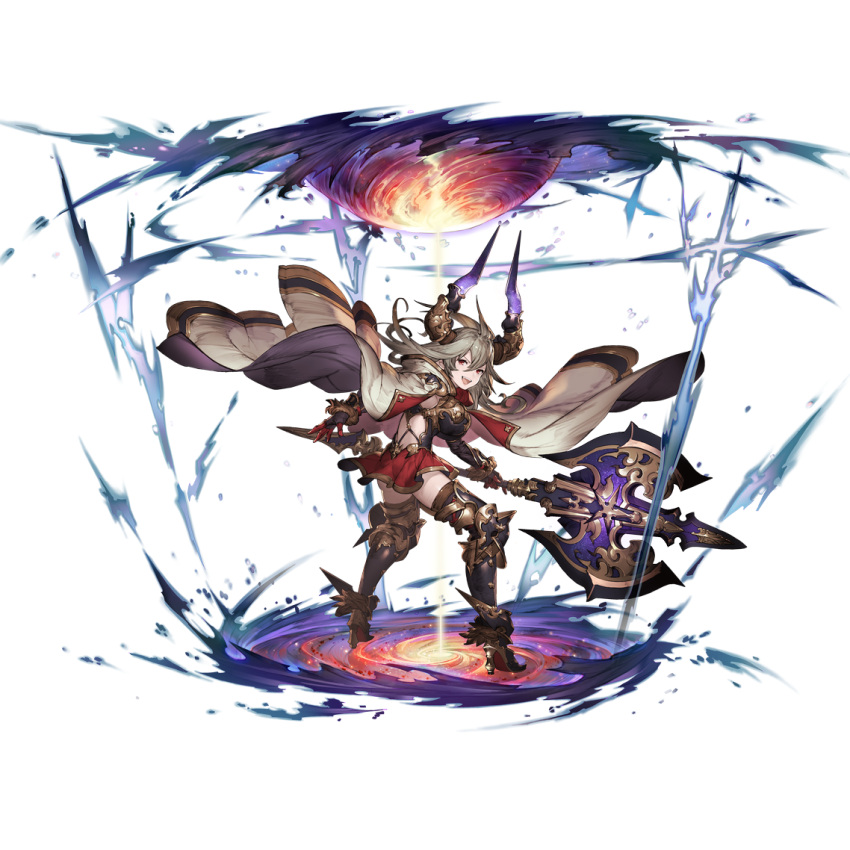 1girl :d ahoge ass axe bangs battle_axe black_gloves black_legwear butt_crack cape draph from_behind full_body gloves granblue_fantasy grey_hair hair_between_eyes high_heels holding holding_weapon horns long_hair looking_back looking_to_the_side miniskirt official_art open_mouth pointy_ears red_eyes red_skirt skirt smile solo star_(sky) teeth thalatha_(granblue_fantasy) thighhighs transparent_background v-shaped_eyebrows weapon zettai_ryouiki