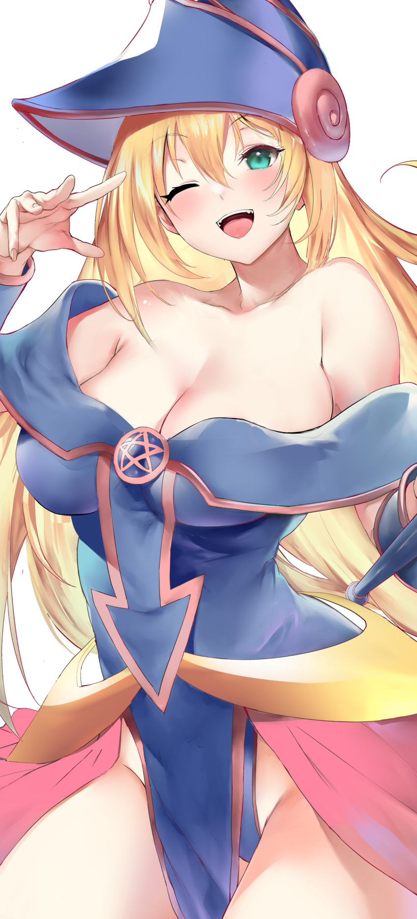 1girl ;d absurdres arms_behind_back bangs bare_shoulders blonde_hair blue_leotard blush blush_stickers breasts choker cleavage collarbone dark_magician_girl duel_monster green_eyes groin hair_between_eyes hat highleg highleg_leotard highres large_breasts leotard long_hair looking_at_viewer one_eye_closed open_mouth pelvic_curtain pentacle shino_(comic_penguin_club) smile solo thighs wizard_hat yu-gi-oh! yu-gi-oh!_duel_monsters