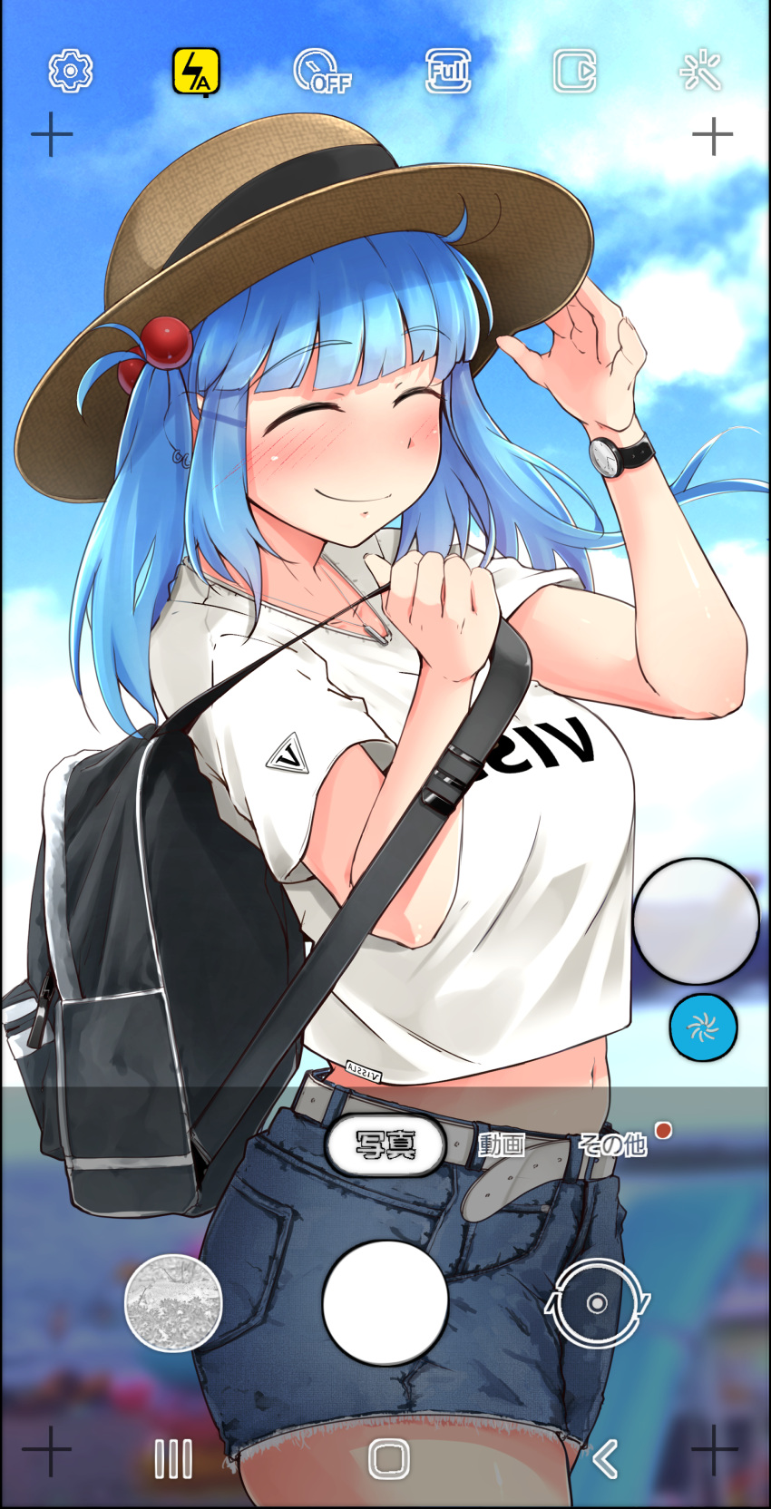 1girl absurdres bag belt black_bag blue_hair blue_shorts blue_sky blurry blurry_background closed_eyes clothes_writing cloud cloudy_sky cowboy_shot day denim denim_shorts depth_of_field facing_viewer flanvia hair_bobbles hair_ornament hand_on_headwear hat highres holding holding_bag kawashiro_nitori long_hair midriff navel outdoors phone_screen print_shirt shirt short_shorts short_sleeves shorts sky smile solo standing straw_hat touhou watch white_belt white_shirt wristwatch