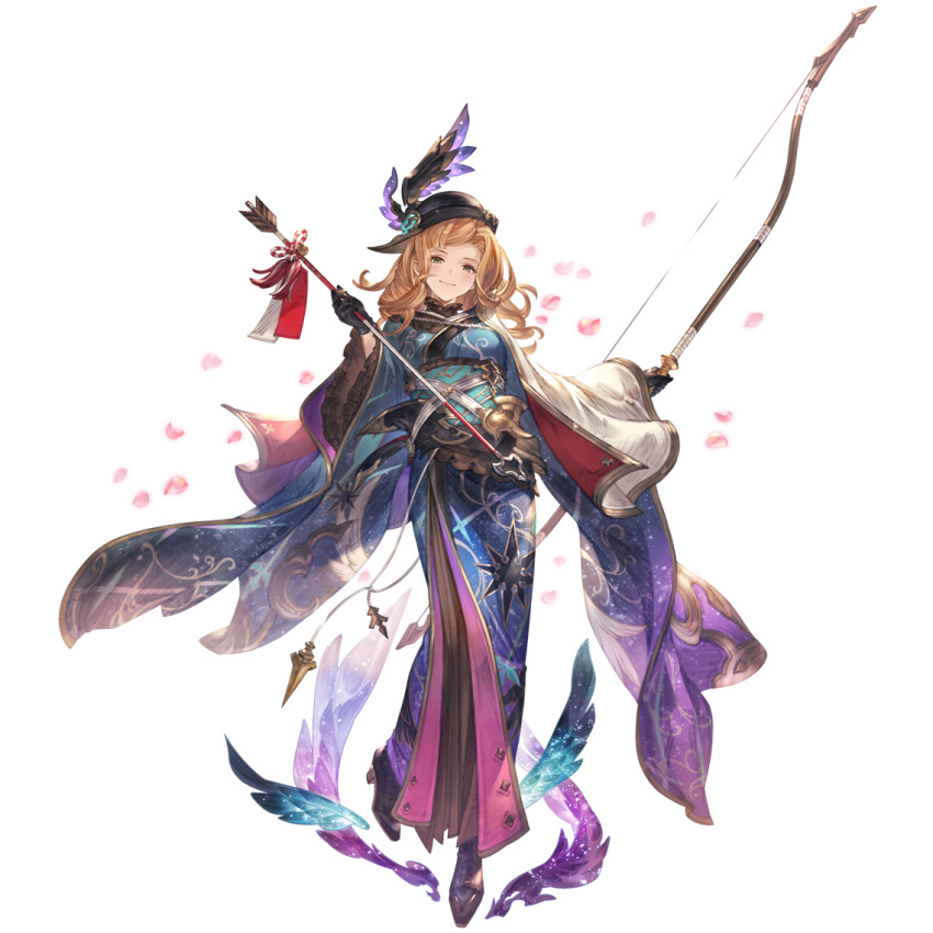 1girl alternate_costume arrow_(projectile) bow_(weapon) cape full_body gloves granblue_fantasy green_eyes hat high_heels looking_at_viewer official_art orange_hair solo song_(granblue_fantasy) transparent_background weapon