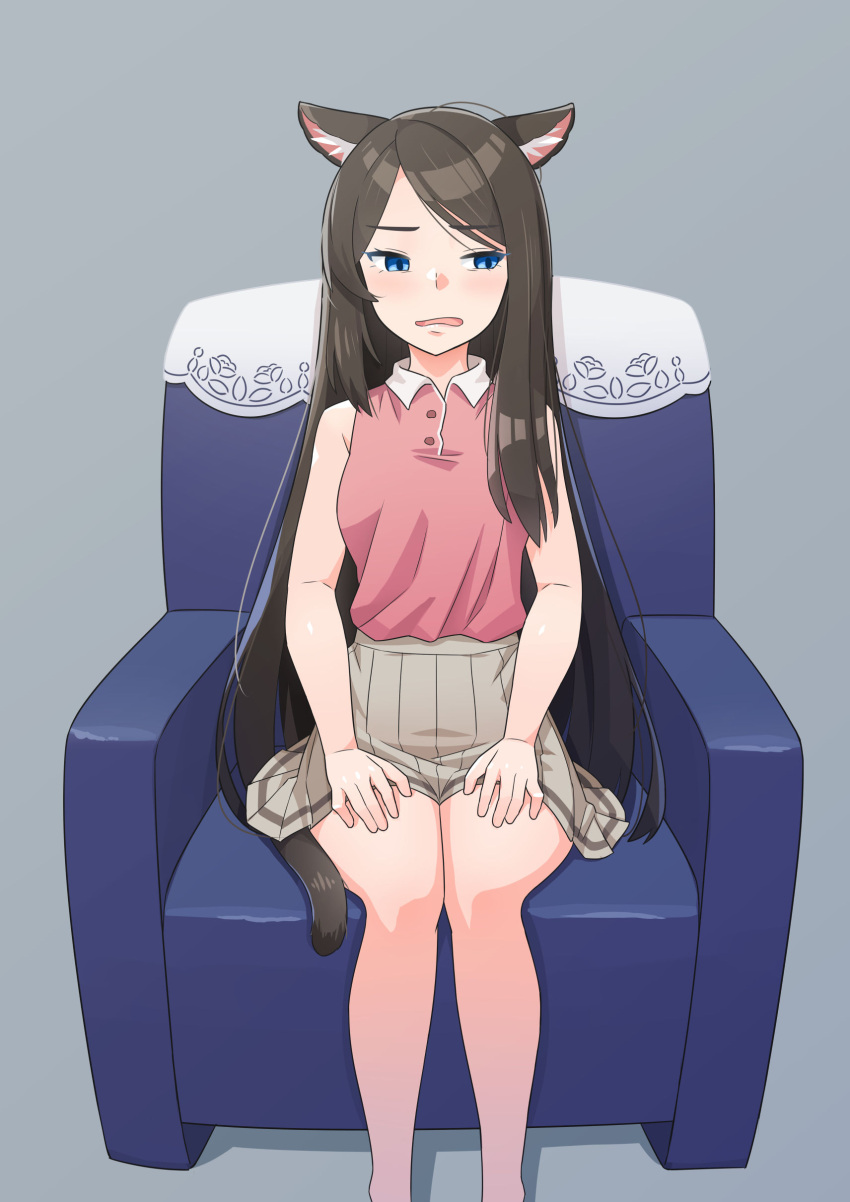 1girl absurdres aina_(mao_lian) animal_ear_fluff animal_ears armchair blue_eyes blush brown_hair cat_ears cat_tail chair ears_down grey_background grey_skirt hands_on_lap high-waist_skirt highres long_hair looking_to_the_side mao_lian_(nekokao) on_chair open_mouth original pink_shirt pleated_skirt shirt simple_background sitting skirt sleeveless sleeveless_shirt smile sneer solo tail very_long_hair