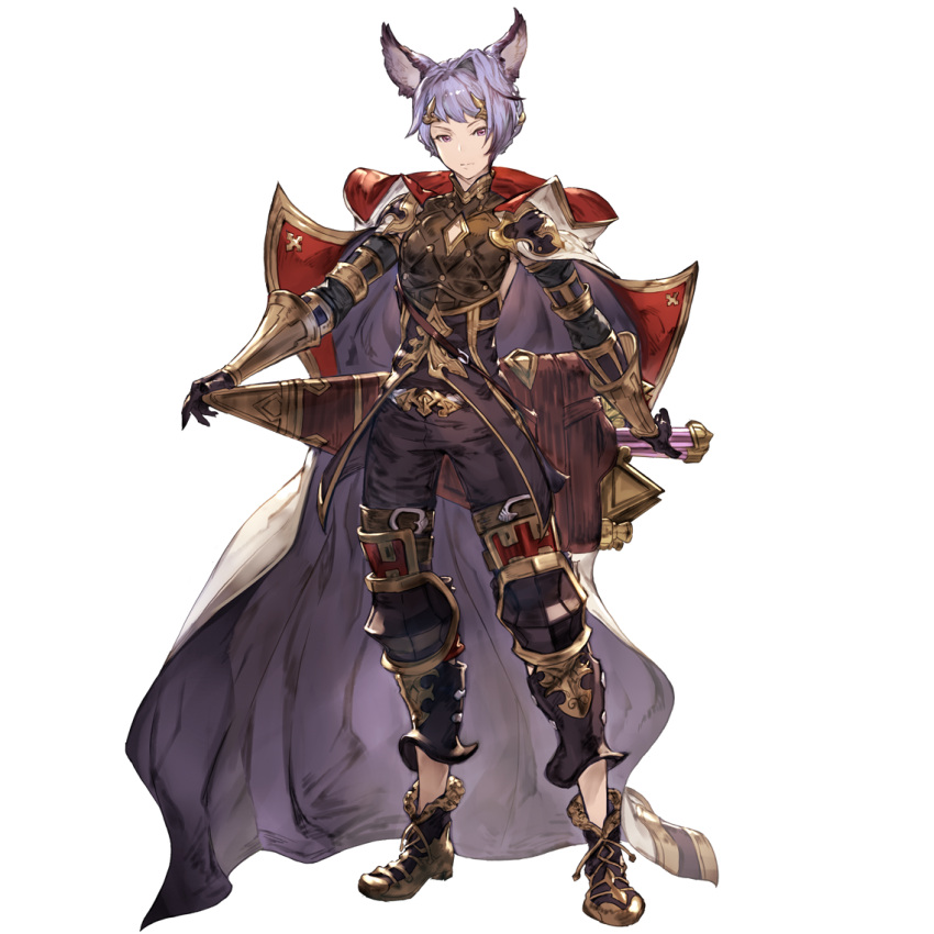 1boy androgynous animal_ears black_footwear black_gloves black_pants braid cape closed_mouth dagger diamond_(shape) elbow_gloves erune french_braid full_body gloves granblue_fantasy hair_ornament hood hood_down knee_pads knife male_focus minaba_hideo official_art pants purple_eyes purple_hair quatre_(granblue_fantasy) sheath shoes sleeveless solo transparent_background turtleneck unsheathed weapon