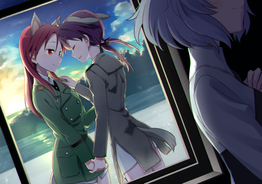 3girls animal_ears ass blush breasts brown_hair closed_eyes closed_mouth dog_ears dog_tail extra_ears gertrud_barkhorn holding_hands indoors long_hair military military_uniform minna-dietlinde_wilcke multiple_girls niina_ryou open_mouth red_eyes red_hair sanya_v._litvyak shiny shiny_hair small_breasts smile strike_witches tail twintails uniform white_hair window world_witches_series yuri