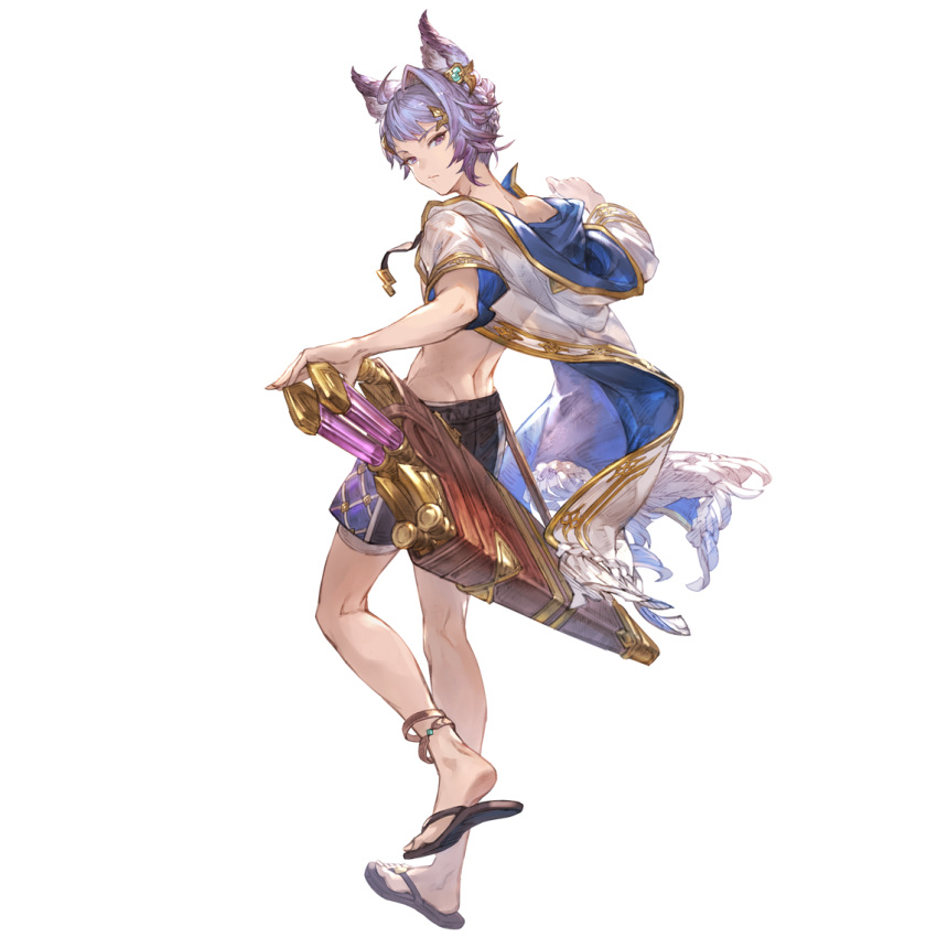 1boy animal_ears black_pants braid closed_mouth dagger erune french_braid full_body gloves granblue_fantasy hair_ornament hood hood_down jacket jewelry knife looking_at_viewer male_focus male_swimwear minaba_hideo official_art pants purple_eyes purple_hair quatre_(granblue_fantasy) sandals sheath solo swim_trunks transparent_background weapon