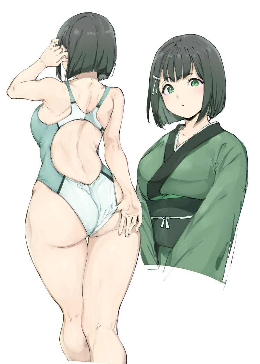 1girl absurdres adjusting_clothes adjusting_swimsuit alp ass back black_hair bob_cut breasts competition_swimsuit criss-cross_back-straps cropped_torso full_body green_eyes green_kimono highres japanese_clothes kimono large_breasts looking_at_viewer multiple_views obi one-piece_swimsuit original parted_lips sash short_hair shoulder_blades simple_background skindentation swimsuit white_background wide_hips