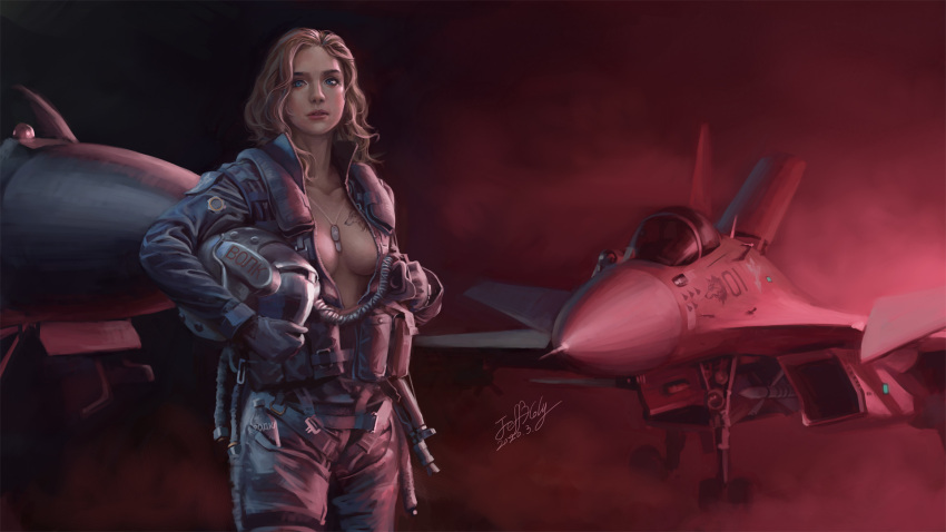 1girl 2020 aircraft airplane aks-74u anti-u.n. assault_rifle blonde_hair blue_eyes breasts canards canopy cleavage cyrillic dog_tags dusk fighter_jet fog gloves gun headwear_removed helmet helmet_removed highres jeffholy jet jumpsuit kalashnikov_rifle landing_gear lips long_hair looking_at_viewer macross macross_zero military military_vehicle original oxygen_mask pilot pilot_suit real_life realistic rifle roundel signature su-33 translation_request weapon when_you_see_it wolf