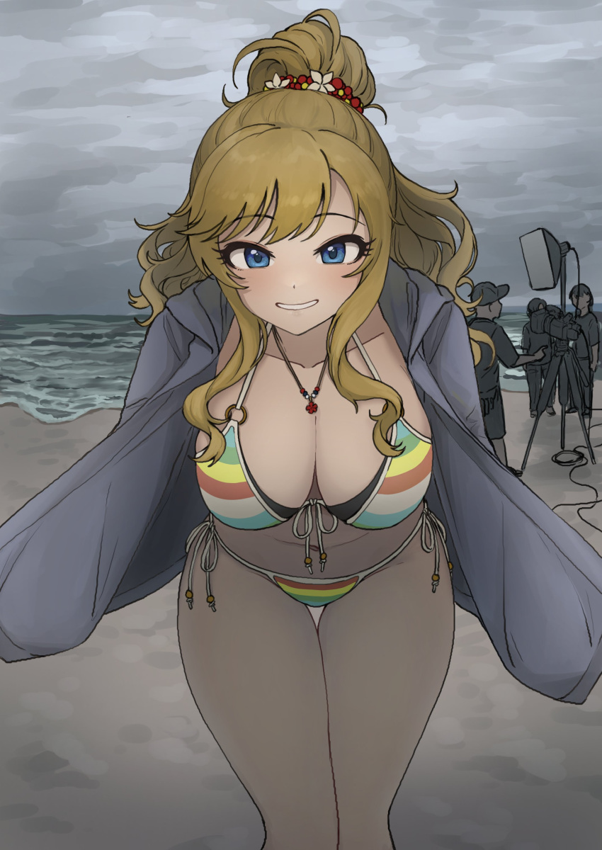 1girl 4others absurdres ambiguous_gender bikini blonde_hair blue_eyes blush breasts cleavage cloud cloudy_sky collarbone feet_out_of_frame film_set grey_jacket hair_ornament halterneck highres horizon idolmaster idolmaster_cinderella_girls jacket jacket_over_swimsuit jewelry large_breasts looking_at_viewer multicolored multicolored_bikini multicolored_clothes multiple_others navel necklace ocean ohtsuki_yui open_clothes open_jacket ponytail ribbon-trimmed_bikini side-tie_bikini sky smile solo_focus string_bikini swimsuit thigh_gap thighs tv_camera ushimochi