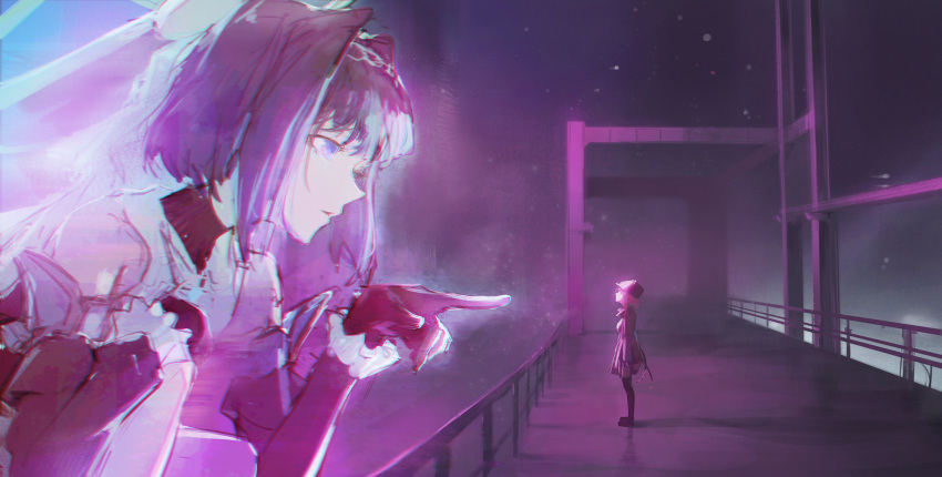 2girls blade_runner blade_runner_2049 bridge detective dino_(dinoartforame) english_commentary from_side giant giantess goddess hair_intakes highres hololive hololive_english looking_at_another looking_down looking_up multiple_girls one_knee ouro_kronii parody parted_lips pointing profile railing scenery short_hair size_difference virtual_youtuber watson_amelia