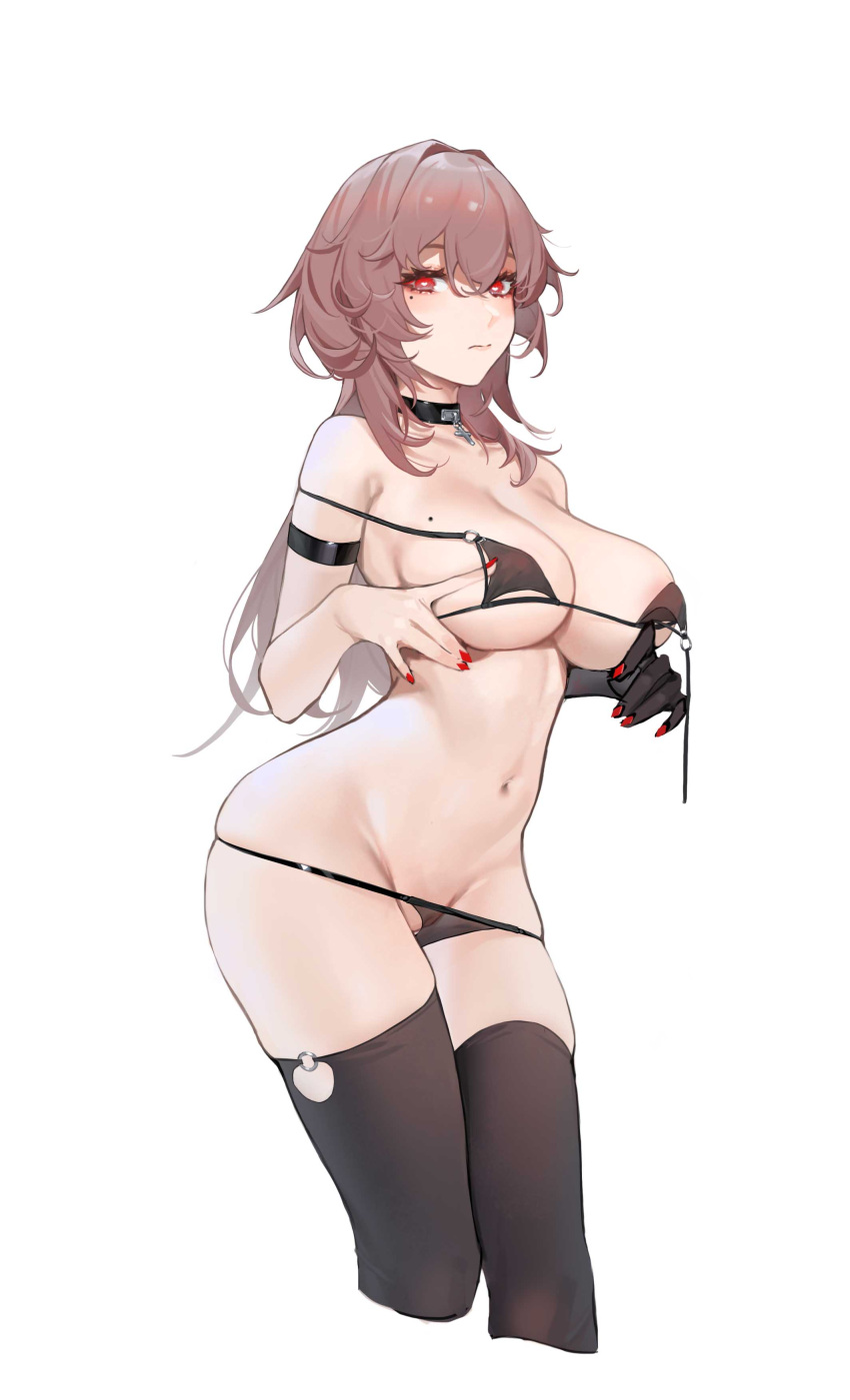 1girl absurdres arm_strap azur_lane bangs bare_arms bare_shoulders bikini black_bikini black_choker black_gloves black_legwear breasts brown_hair choker closed_mouth commentary cropped_legs duca_degli_abruzzi_(azur_lane) eiroyi gloves hair_between_eyes highres large_breasts long_hair looking_at_viewer mole mole_on_breast mole_under_eye nail_polish navel red_eyes red_nails see-through simple_background single_glove solo stomach strap_slip string_bikini swimsuit symbol-only_commentary thighhighs white_background