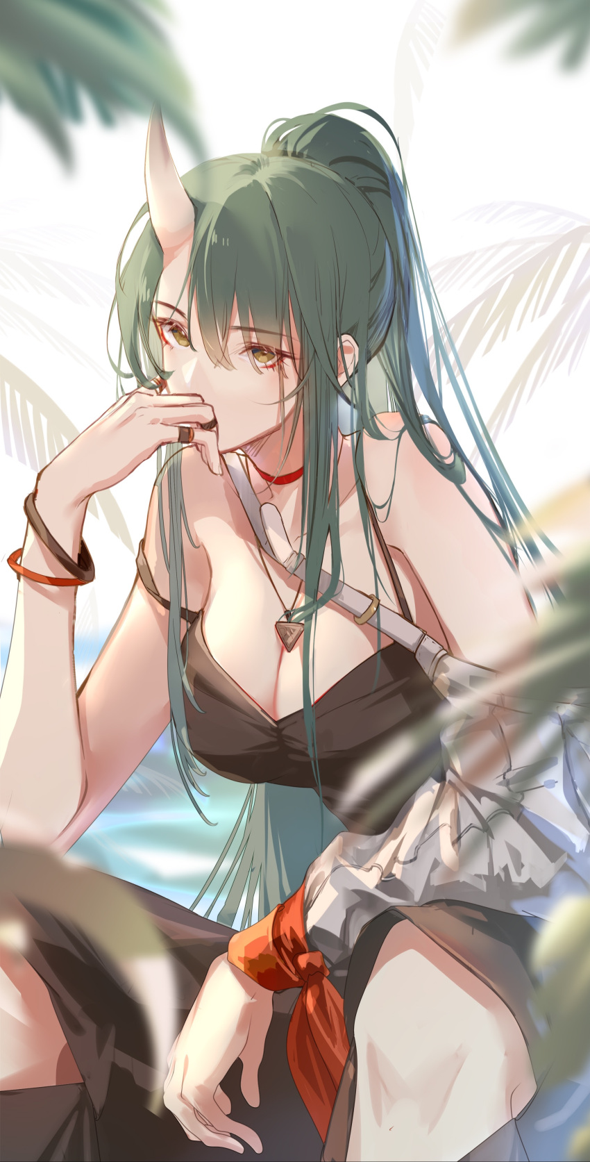 1girl absurdres arknights black_shorts black_tank_top breasts choker cleavage clouble feet_out_of_frame green_hair hand_to_own_mouth highres horns hoshiguma_(arknights) jewelry large_breasts long_hair looking_at_viewer necklace off_shoulder oni_horns outdoors palm_leaf ponytail red_choker shorts single_horn sitting solo strap_slip tank_top wristband yellow_eyes