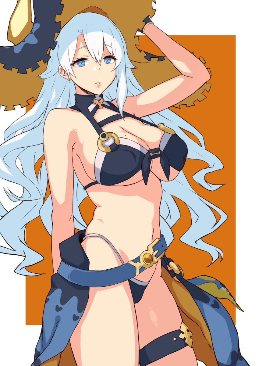 +_+ 1girl bercetia_(world_flipper) bikini black_bikini blue_hair border breasts cowboy_shot gomu_(chewinggom) hand_on_headwear hand_up hat highleg highleg_bikini highres large_breasts long_hair looking_at_viewer mole mole_on_breast navel orange_background parted_lips smile solo swimsuit white_border world_flipper