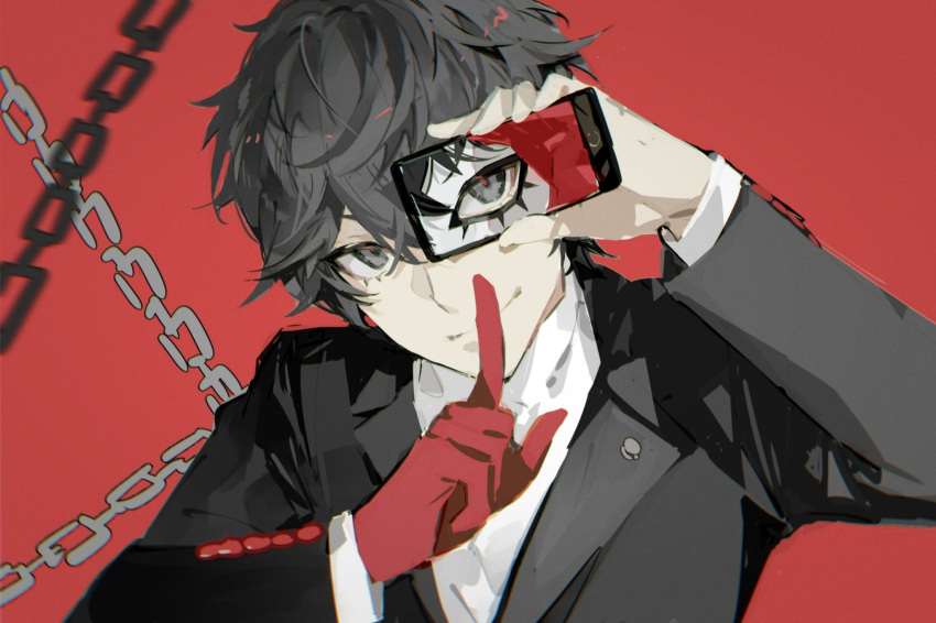 1boy amamiya_ren bangs black_eyes black_hair black_jacket cellphone chain covering_mouth gloves hand_over_own_mouth highres holding holding_phone index_finger_raised jacket long_sleeves looking_at_viewer male_focus mask persona persona_5 phone red_background red_gloves shirt single_glove smartphone smile solo upper_body white_shirt wing_collar xing_20