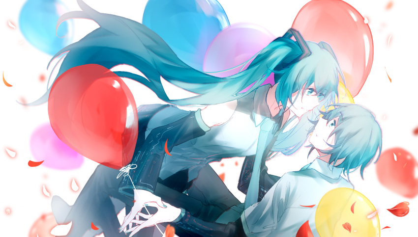 1boy 1girl absurdres all_fours aqua_eyes aqua_hair aqua_nails aqua_neckwear balloon bare_shoulders black_legwear black_pants black_skirt black_sleeves blurry blurry_background chinese_commentary commentary detached_sleeves genderswap genderswap_(ftm) grey_shirt hair_ornament hatsune_miku hatsune_mikuo hetero highres huge_filesize key_asan long_hair looking_at_another miniskirt nail_polish necktie pants petals pleated_skirt shirt sitting skirt sleeveless sleeveless_shirt thighhighs twintails very_long_hair vocaloid