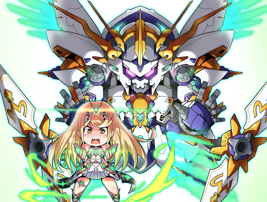 1girl bangs bare_legs bare_shoulders blonde_hair breasts chest_jewel chibi cleavage cleavage_cutout clothing_cutout dress earrings elbow_gloves fukkatsu_saisei_kaijin gloves highres jewelry large_breasts long_hair mythra_(xenoblade) short_dress siren_(xenoblade) swept_bangs thigh_strap tiara very_long_hair white_dress white_footwear white_gloves xenoblade_chronicles_(series) xenoblade_chronicles_2 yellow_eyes