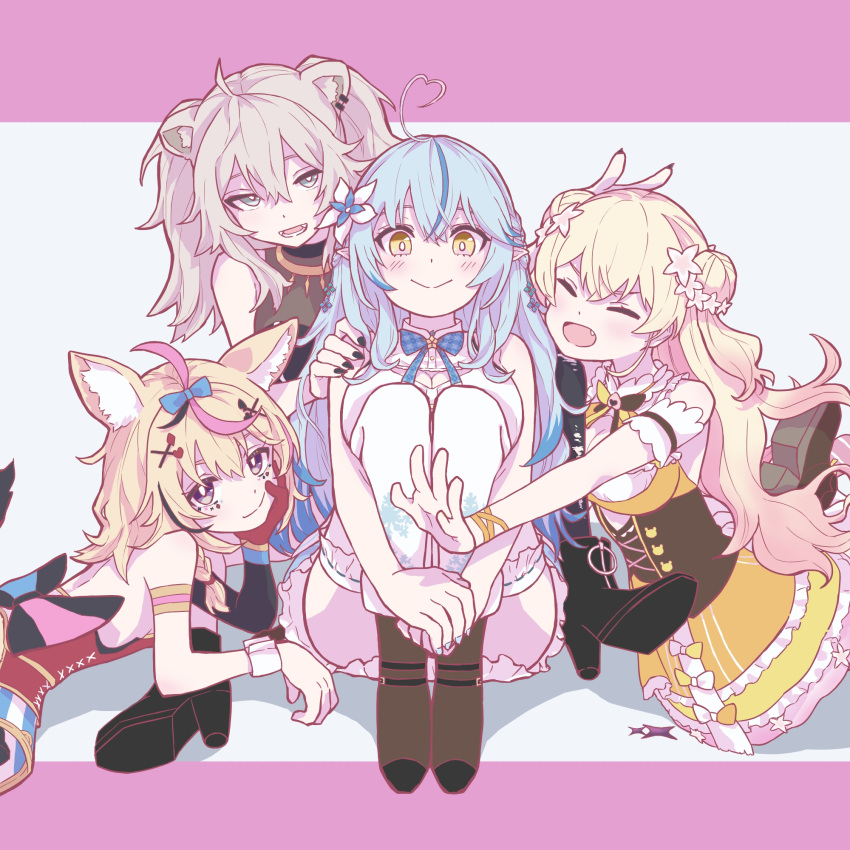 4girls ahoge animal_ears bangs black_hair blonde_hair blue_hair bodice braid colored_tips corset double_bun ear_piercing elf fennec_fox flower fox_ears fox_girl fox_tail frilled_shirt frills gradient_hair grey_eyes grey_hair hair_between_eyes hair_flower hair_ornament hair_ribbon hairclip heart_ahoge highres hololive lion_ears lion_girl long_hair messy_hair momosuzu_nene multicolored_hair multiple_girls nepolabo omaru_polka piercing pink_hair playing_card_theme pointy_ears purple_eyes ribbon shirt shishiro_botan sidelocks silver_hair sleeveless sleeveless_shirt snowflake_hair_ornament streaked_hair tail tomura_kino two_side_up very_long_hair virtual_youtuber x_hair_ornament yellow_eyes yukihana_lamy