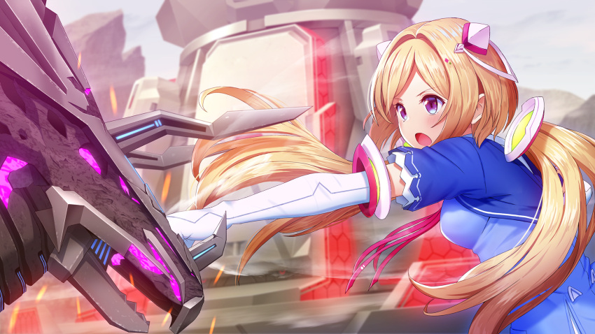 1girl aki_rosenthal animal ark_survival_evolved bangs blonde_hair blue_jacket breasts building commentary_request detached_hair dinosaur elbow_gloves eyebrows_visible_through_hair gloves glowing headgear highres hololive jacket long_hair low_twintails mikomiko_(mikomikosu) open_mouth outdoors parted_bangs punching purple_eyes short_sleeves small_breasts solo twintails very_long_hair virtual_youtuber white_gloves