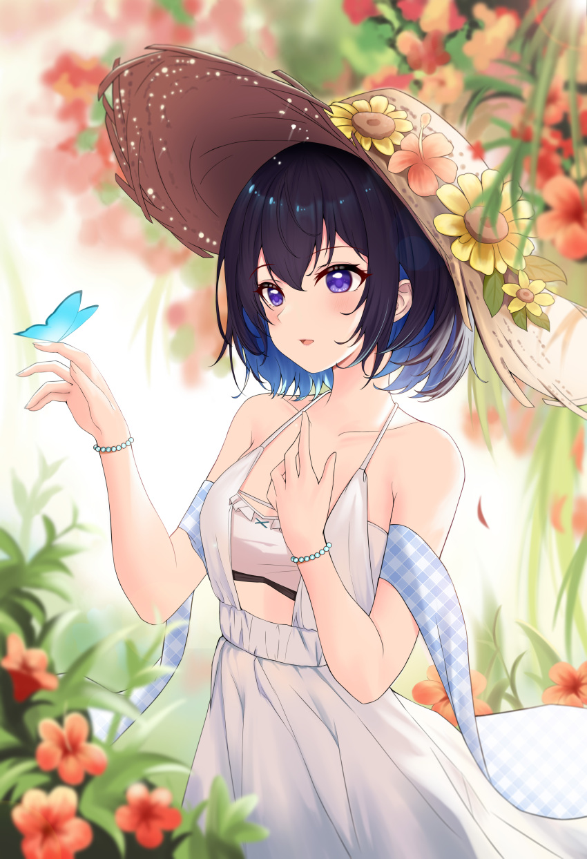1girl :d absurdres bare_shoulders black_hair blue_hair blush bracelet brown_headwear butterfly_on_finger collarbone colored_inner_hair cowboy_shot day dress duplicate flower hand_on_own_chest hat hat_flower hat_ornament hibiscus highres honkai_(series) honkai_impact_3rd jewelry multicolored_hair open_mouth outdoors pixel-perfect_duplicate plant purple_eyes red_flower seele_vollerei shawl sleeveless sleeveless_dress smile straw_hat sunflower takeawatch two-tone_hair white_dress yellow_flower