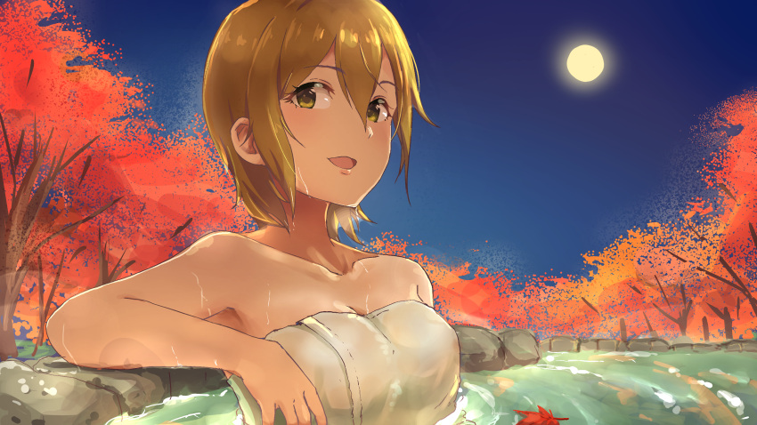 1girl absurdres autumn_leaves breasts brown_hair cleavage full_moon green_eyes hair_down highres idolmaster idolmaster_cinderella_girls idolmaster_cinderella_girls_starlight_stage kimura_natsuki large_breasts looking_at_viewer moon ms_rinmoku naked_towel night onsen open_mouth outdoors short_hair smile solo towel upper_body wet