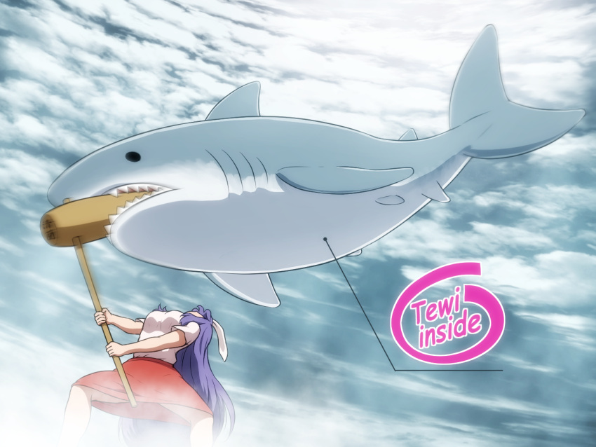 1girl animal animal_ears cloud cloudy_sky commentary english_text fish intel kine leaning_back legs_apart logo_parody long_hair looking_up mallet purple_hair rabbit_ears red_skirt reisen_udongein_inaba shark sharknado shirosato shirt short_sleeves skirt sky solo touhou white_shirt