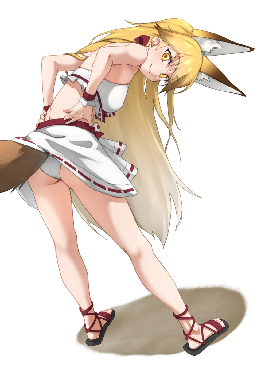 1girl absurdres animal_ears ass bare_shoulders bent_over bikini bikini_skirt blush commentary_request extra_ears eyebrows_visible_through_hair ezo_red_fox_(kemono_friends) fox_ears fox_girl fox_tail gladiator_sandals hands_on_hips highres kemono_friends kemono_friends_3 looking_at_viewer midriff multicolored_hair official_alternate_costume orange_eyes orange_hair red_footwear sandals skirt sleeveless solo swimsuit tail tanabe_(fueisei) white_bikini white_hair white_skirt