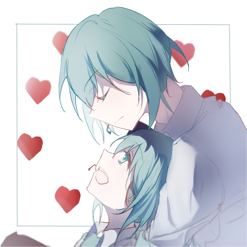 1boy 1girl aqua_eyes aqua_hair chinese_commentary commentary framed_image genderswap genderswap_(ftm) grey_shirt hatsune_miku hatsune_mikuo headphones headset heart heart_background hetero highres hug hug_from_behind key_asan looking_at_another looking_down looking_up open_mouth shirt smile upper_body vocaloid white_background