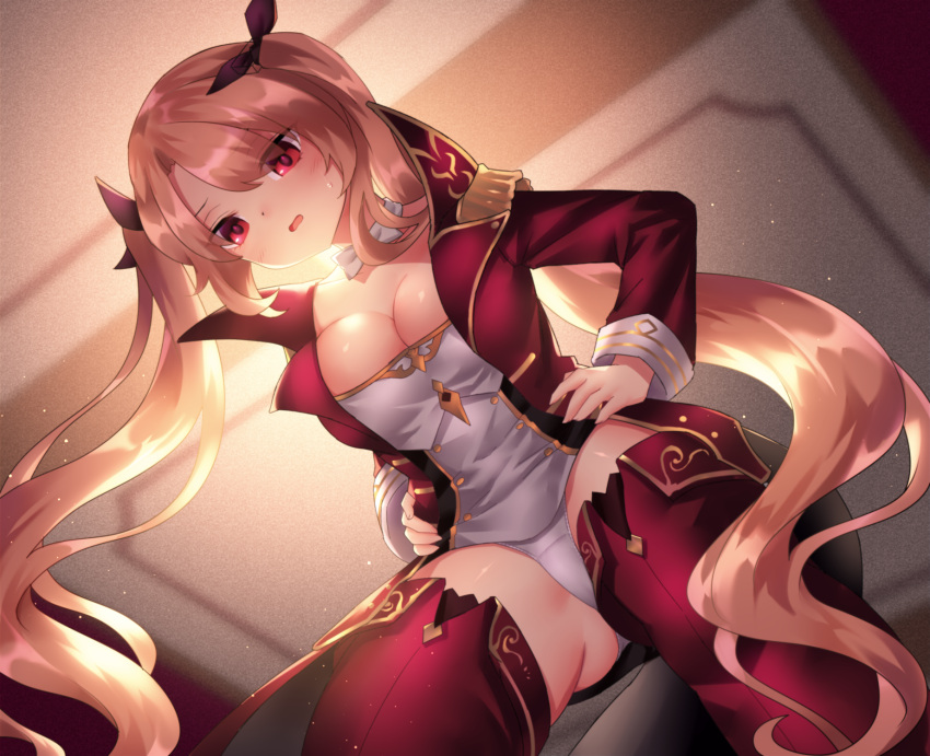1girl azur_lane backlighting blonde_hair breasts cleavage cleavage_cutout clothing_cutout commentary_request epaulettes eyebrows_visible_through_hair hair_ribbon highres jacket large_breasts long_hair long_sleeves looking_at_viewer military military_uniform neit_ni_sei nelson_(azur_lane) no_pants open_mouth panties pantyshot red_eyes red_jacket ribbon solo sweatdrop thighhighs twintails underwear uniform upper_body