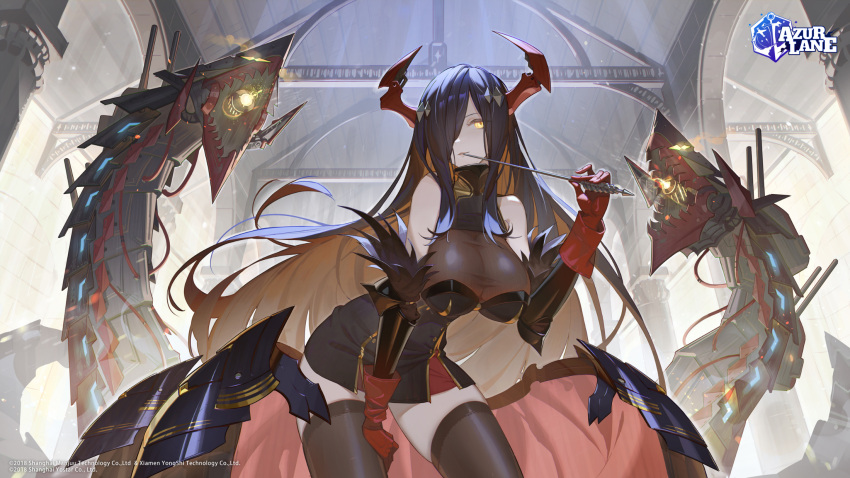 1girl azur_lane bare_shoulders baton_(instrument) black_dress black_hair black_legwear breasts cleavage colored_inner_hair cowboy_shot detached_sleeves dress floating_hair friedrich_der_grosse_(azur_lane) gloves hair_over_one_eye hand_on_own_thigh hand_up highres hks_(timbougami) holding horns large_breasts long_hair looking_at_viewer machinery multicolored_hair official_art red_gloves see-through solo standing taut_clothes taut_dress thighhighs very_long_hair waist_cape yellow_eyes zettai_ryouiki