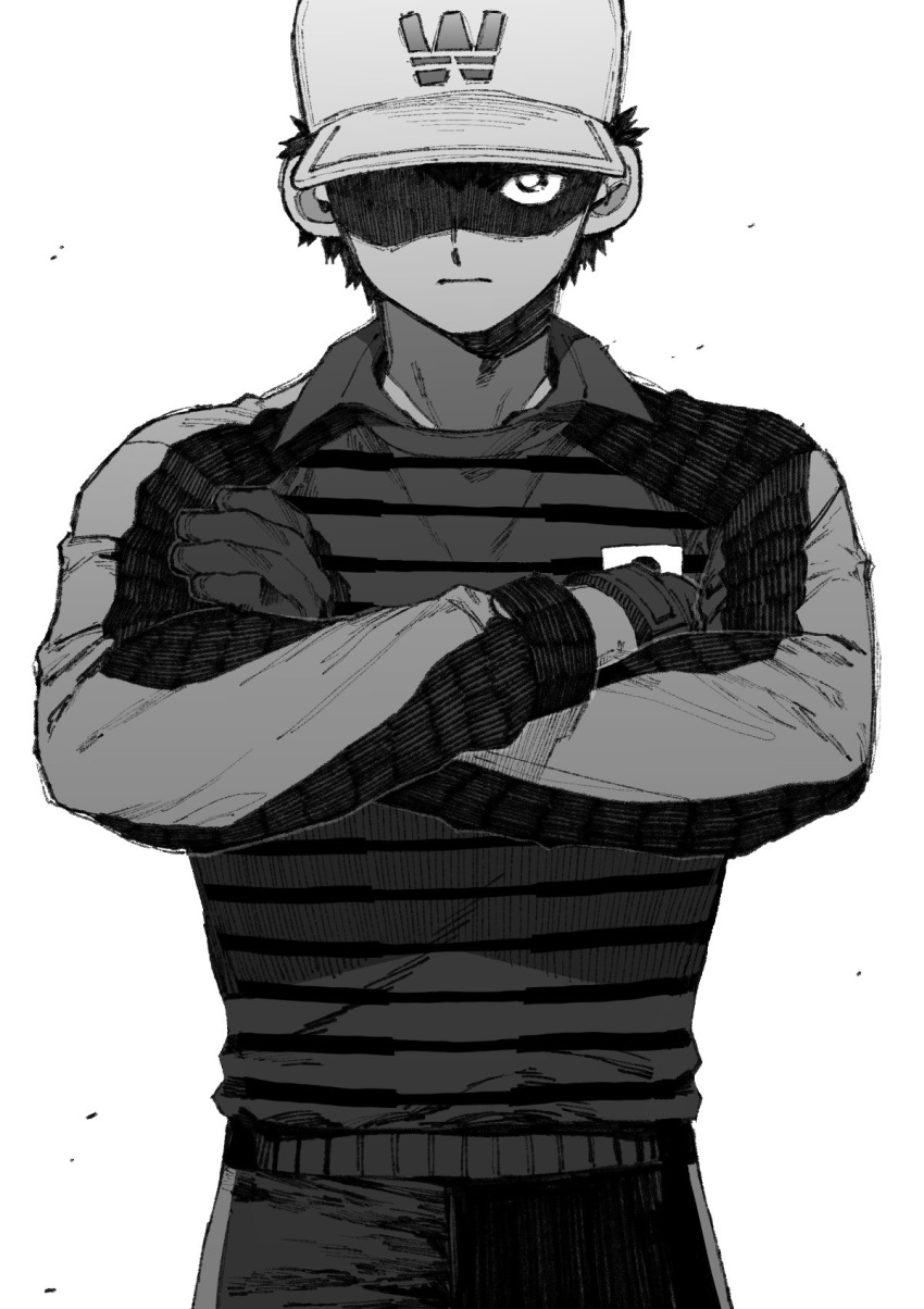 1boy captain_tsubasa closed_mouth crossed_arms gloves goalkeeper greyscale hat hatching_(texture) highres long_sleeves maki_keigo male_focus monochrome shaded_face shirt shorts simple_background solo sportswear striped striped_shirt wakabayashi_genzou white_background